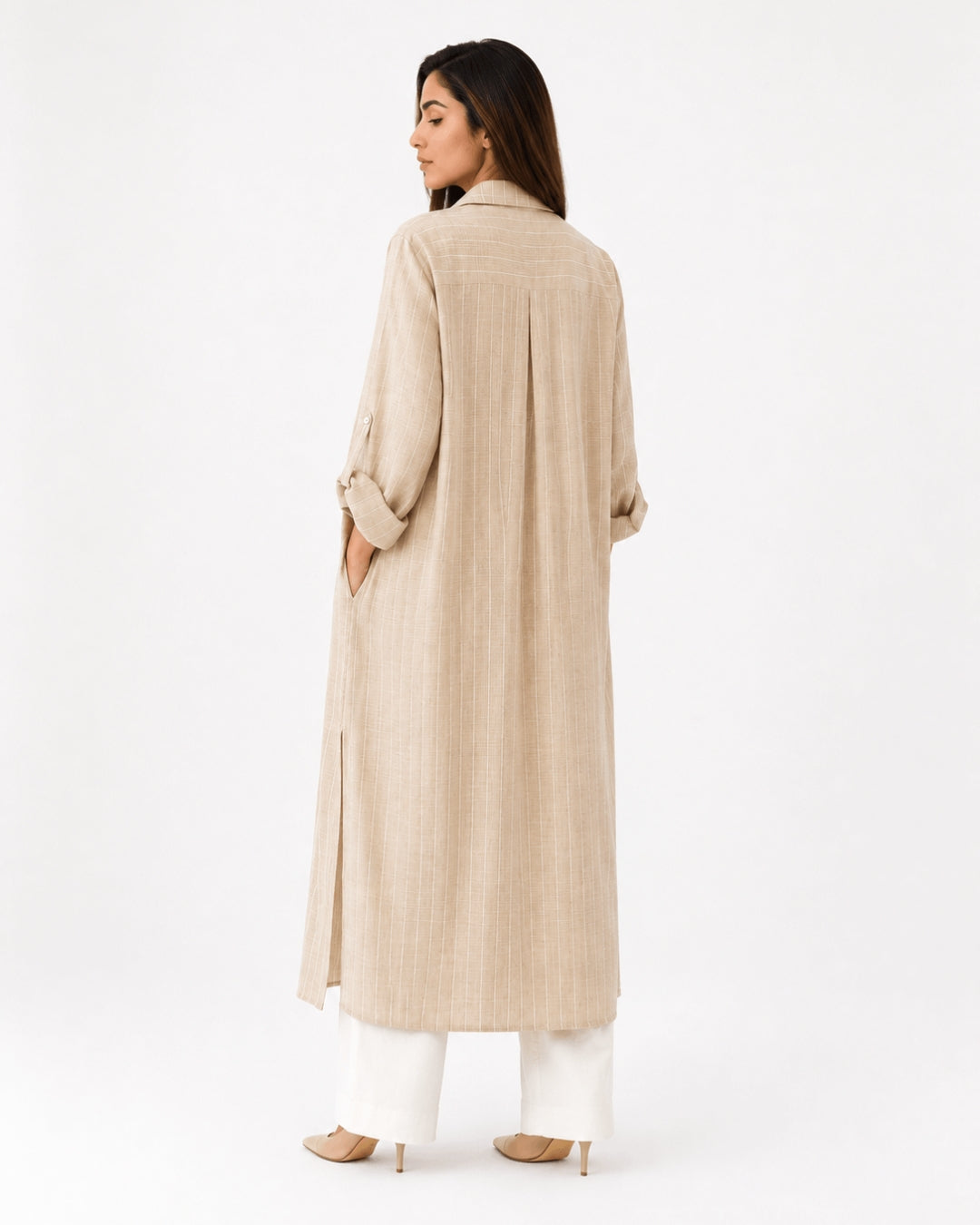Beige Striped Overlay Coat
